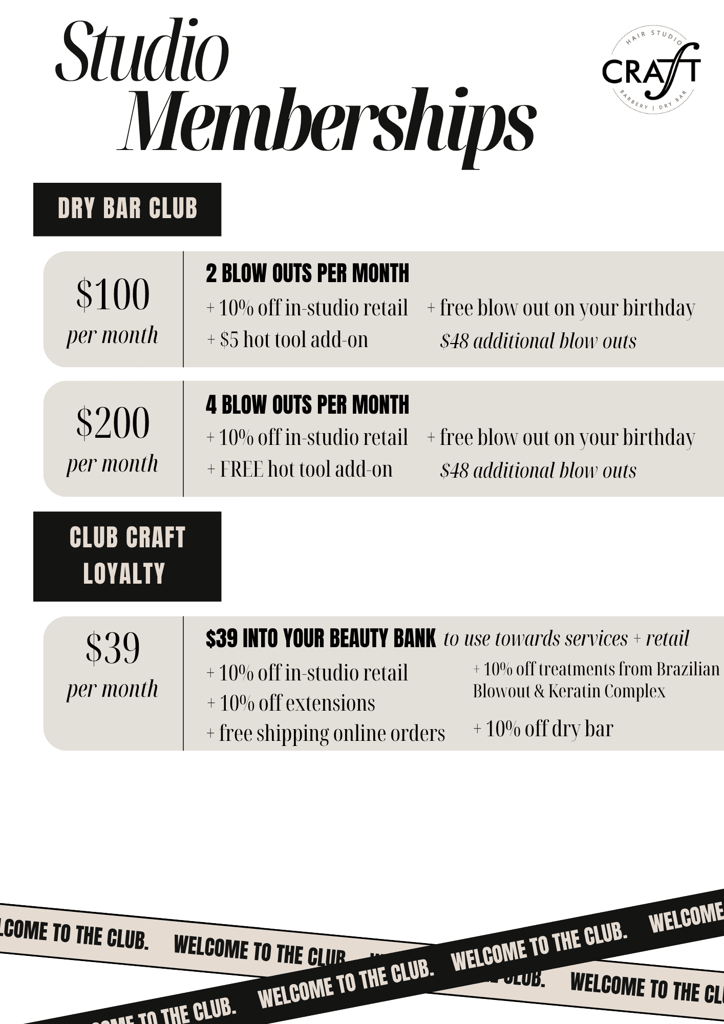 Studio membership pricing chart with benefits for Dry Bar Club and Club Craft Loyalty.